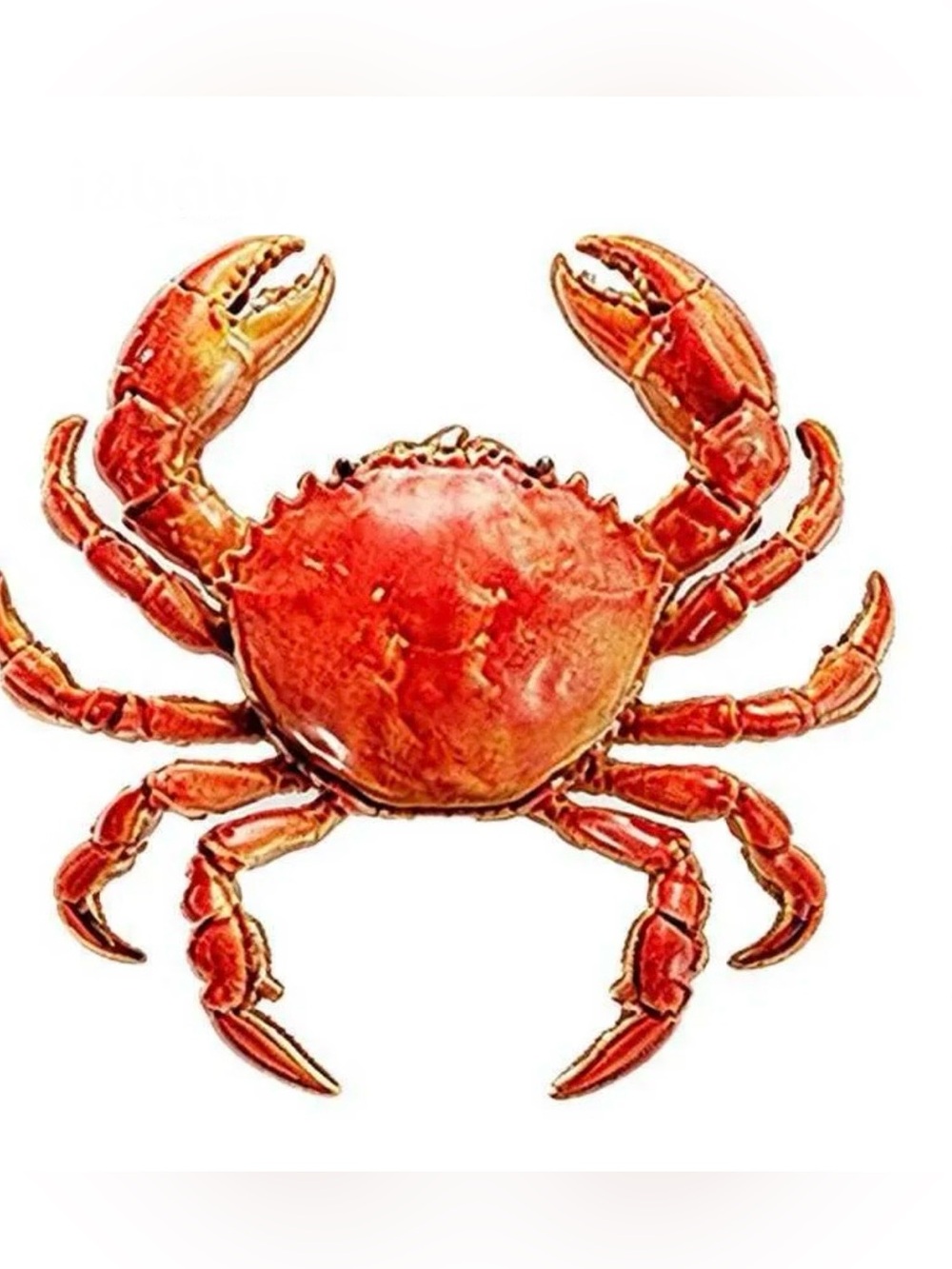 Lovely red crab enamel brooch pin with gold-tone plating and segmented legs.